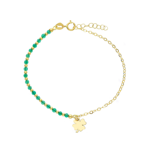 BRACCIALE IN ORO 18KT - GIALLO -CON AGATA E CIONDOLO QUADRIFOGLIO CM 16/17